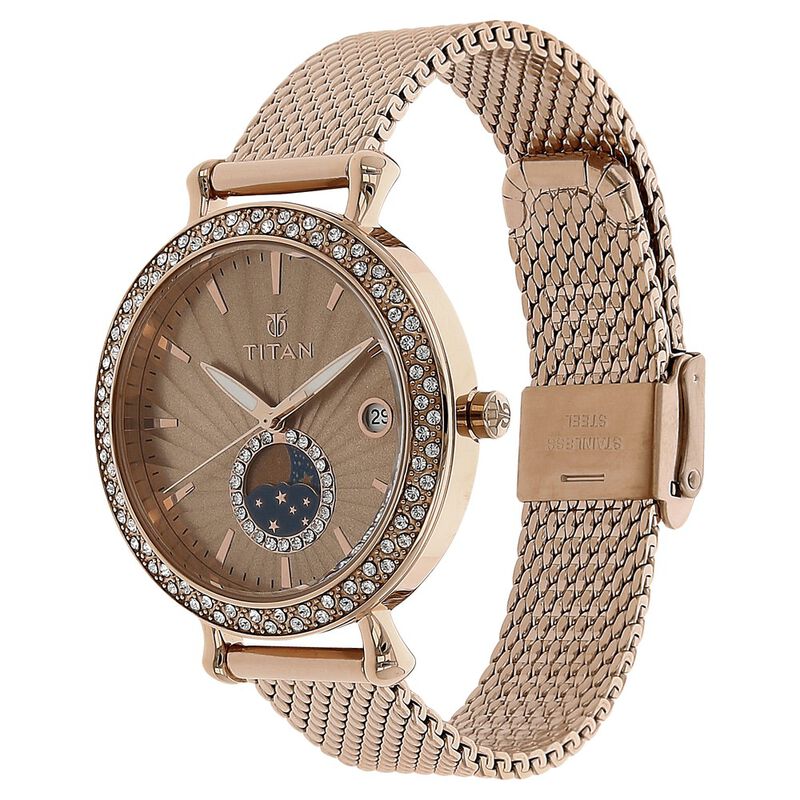 Titan Quartz Analog Moonphase Rose Gold Dial Stainless Steel Strap Watch for Women - image number 1