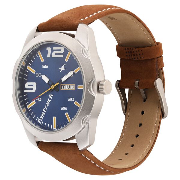 Fastrack Quartz Analog with Day and Date Blue Dial Leather Strap Watch for Guys - image number 2