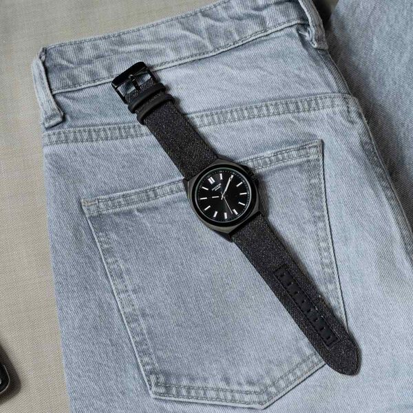 Sonata Poze Quartz Analog Black Dial Black Denim Leather Strap Watch For Men - image number 0