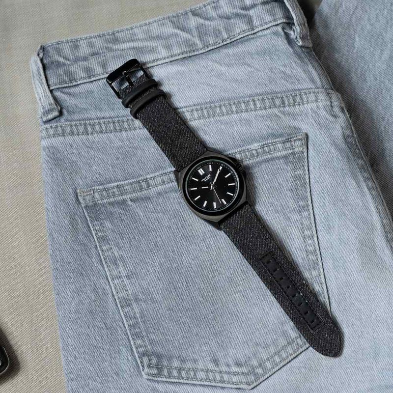 Sonata Poze Quartz Analog Black Dial Black Denim Leather Strap Watch For Men