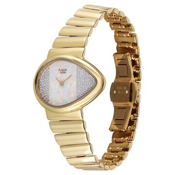 Titan Raga Opalesque Quartz Analog White Dial Golden Metal Strap Watch For Women