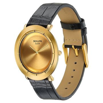 Sonata Sleek Champagne Dial Gold-Tone Leather Strap Watch