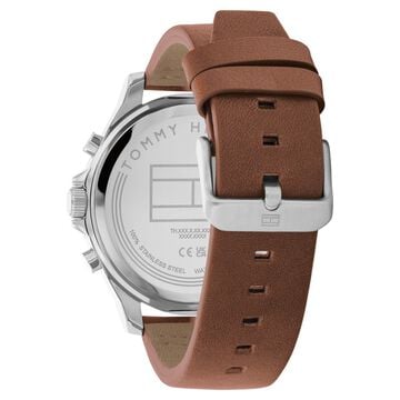 Tommy Hilfiger Multifunction Blue Round Dial Brown Leather Strap Watch For Men