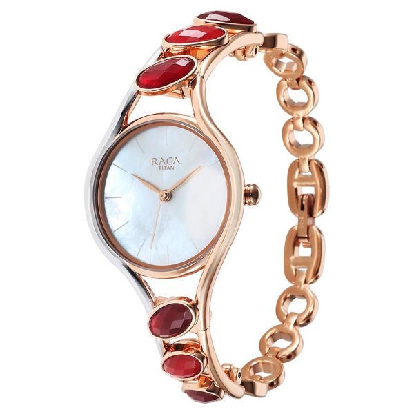 Titan Raga New You Quartz Analog Mother Of Pearl Dial Garnet stone bi-metal Strap Watch for Women - image number 3