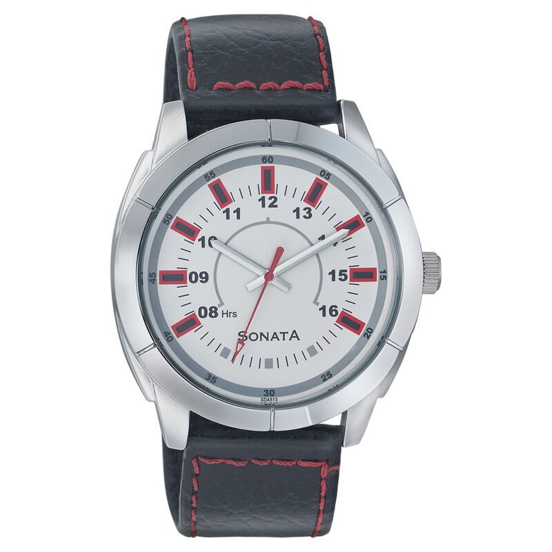 Sonata Quartz Analog Silver Dial Leather Strap Watch for Men