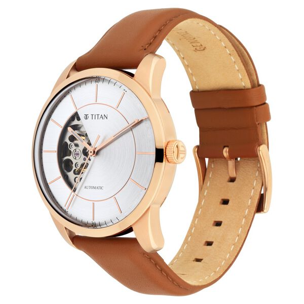 Titan Automatics Silver Round Dial Brown Leather Strap Watch For Men - image number 2
