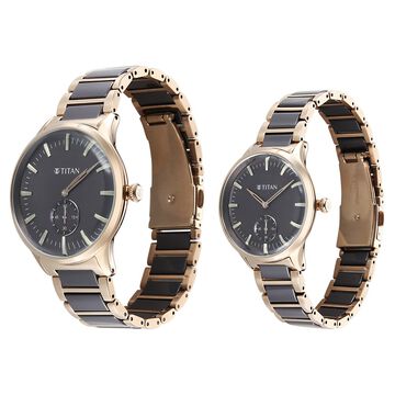 Titan Modern Bandhan Pair Analog with Grey Dial Ceramic and Carnation Gold Stainless Steel Strap Watch for Couples