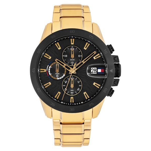 Tommy Hilfiger Quartz Multifunction Black Dial Golden Stainless Steel Strap Watch For Men - image number 0
