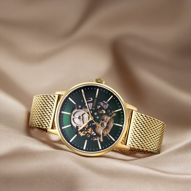 Titan Mechanical Slimline Green Dial Golden Mesh Strap watch for Men