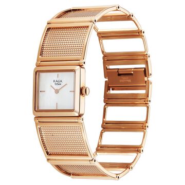 Titan Raga Ethereal Quartz Analog White Mother Of Pearl Dial Rose Gold Stainless Steel Strap Watch For Women