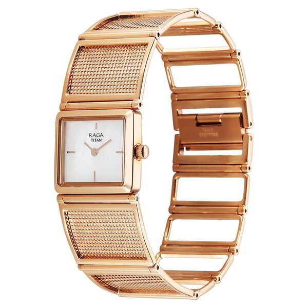 Titan Raga Ethereal Quartz Analog White Mother Of Pearl Dial Rose Gold Stainless Steel Strap Watch For Women - image number 2