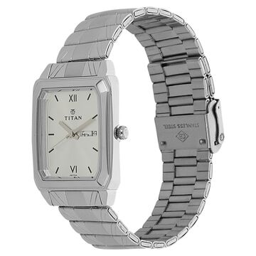 Titan Quartz Analog with Day and Date Silver Dial Silver Stainless Steel Strap Rectangular Shaped Watch For Men
