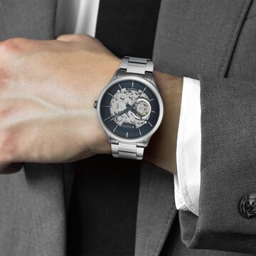 Titan Metal Mechanicals Blue Dial Silver Stainless Steel Strap Watch for Men