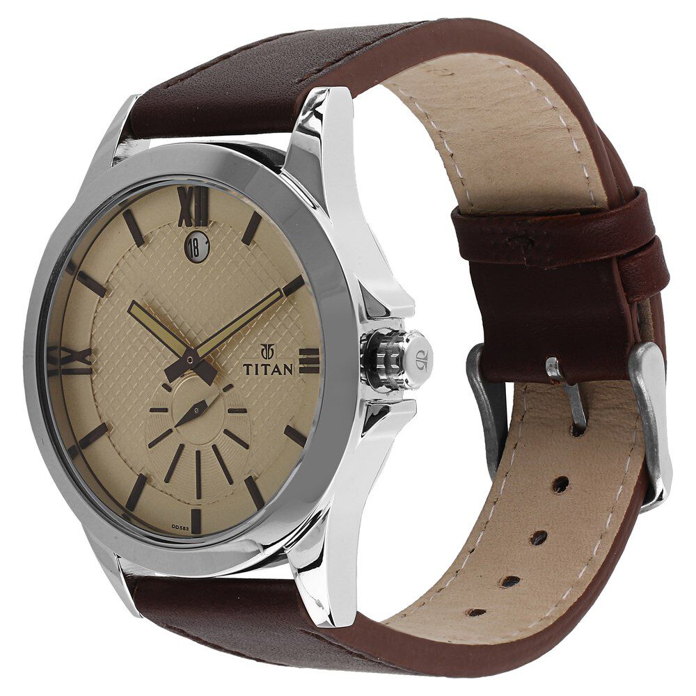 Buy Online Titan Smart steel Beige Dial Analog with Date Leather Strap watch for Men 9323sl01 Titan