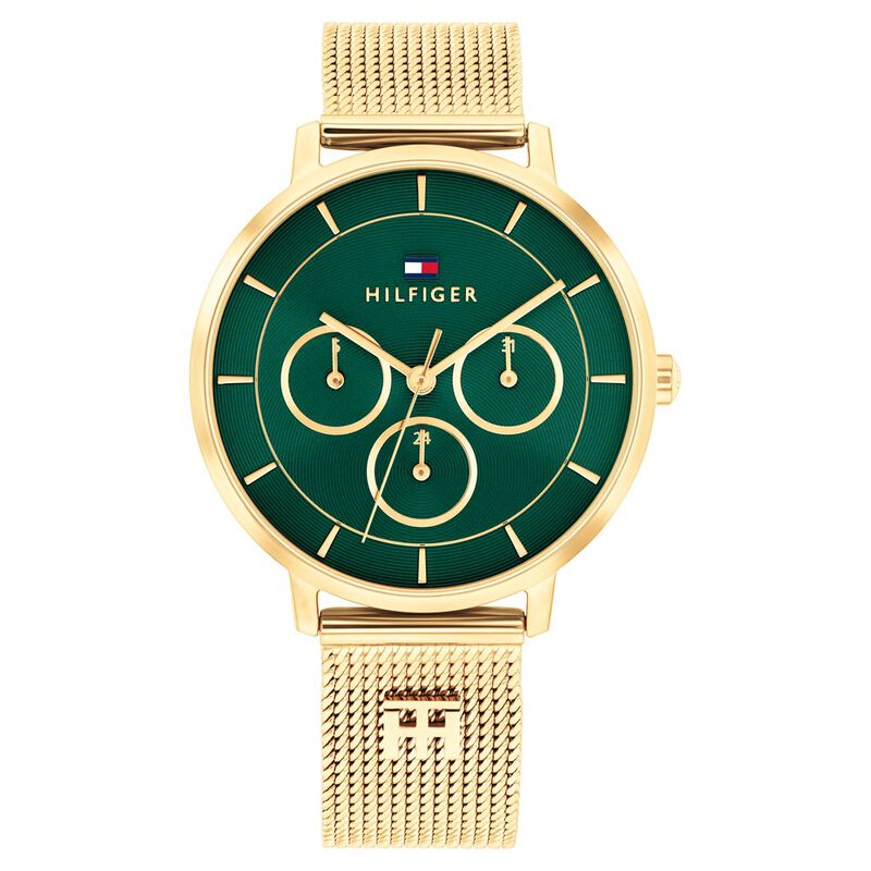 Tommy Hilfiger Quartz Multifunction Green Dial Golden Stainless Steel Strap Watch For Women
