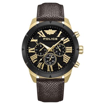Police Quartz Multifunction Black Dial Brown Leather Strap Watch For Men