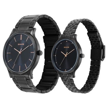 Sonata Pair Quartz Analog Black Dial Stainless Steel Strap Watch for Couple