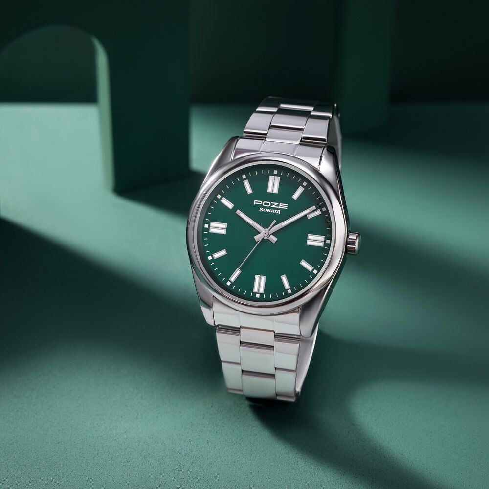 Sonata Poze Quartz Analog Green Dial Metal Strap Watch for Men