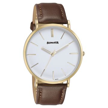 Sonata Quartz Analog White Dial Brown Leather Strap Watch For Men