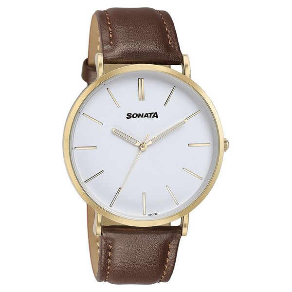 Sonata Quartz Analog White Dial Brown Leather Strap Watch For Men - image number 2