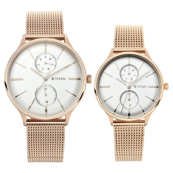 Titan Quartz Multifunction White Dial Stainless Steel Strap Watch for Couple - image number 1