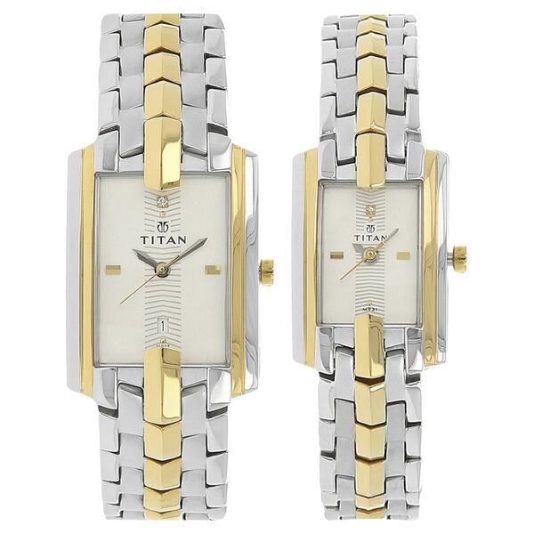 Titan Quartz Analog with Date White Dial Stainless Steel Strap Watch for Couple - image number 0