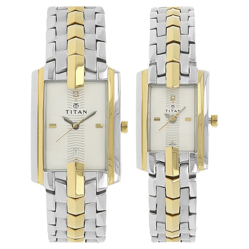 Titan Quartz Analog with Date White Dial Stainless Steel Strap Watch for Couple