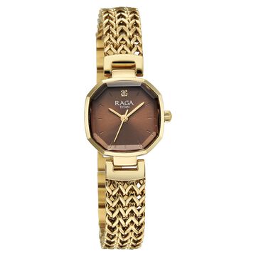 Titan Raga Ascendo Quartz Analog Brown Shaped Octogonal Dial Golden Stainless Steel Strap watch For Women