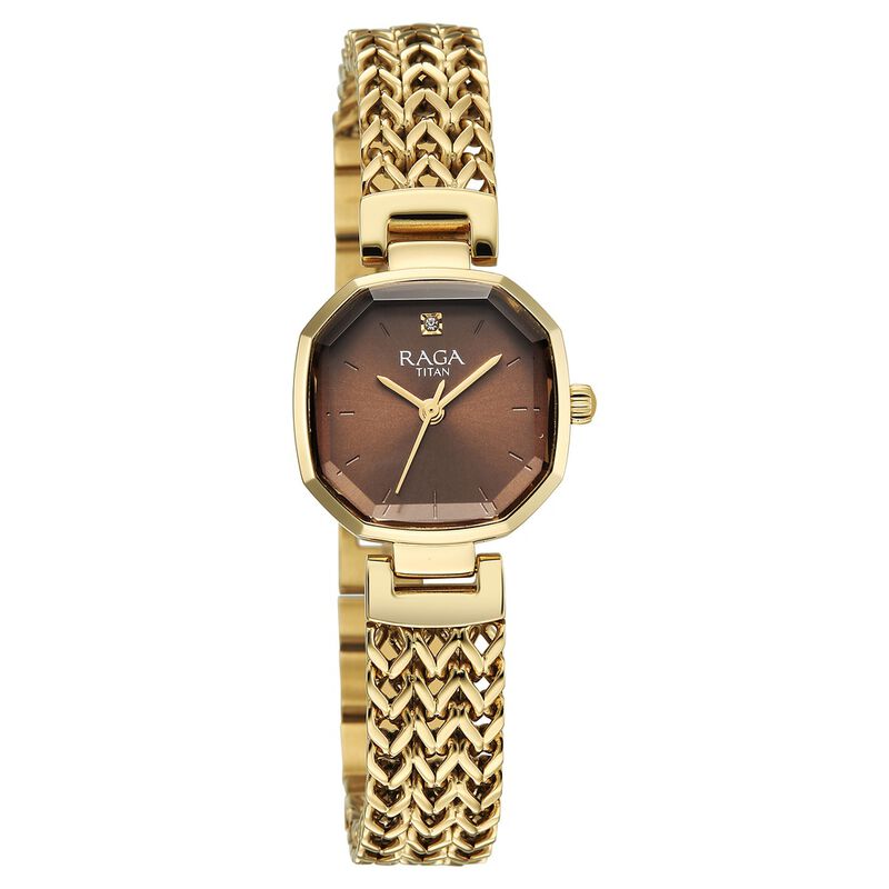 Titan Raga Ascendo Quartz Analog Brown Shaped Octogonal Dial Golden Stainless Steel Strap watch For Women