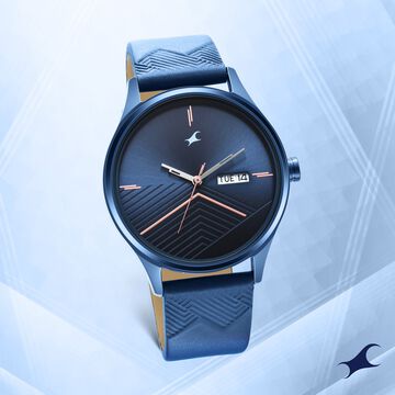 Fastrack Style Up Quartz Analog with Day and Date Blue Dial Leather Strap Watch for Guys