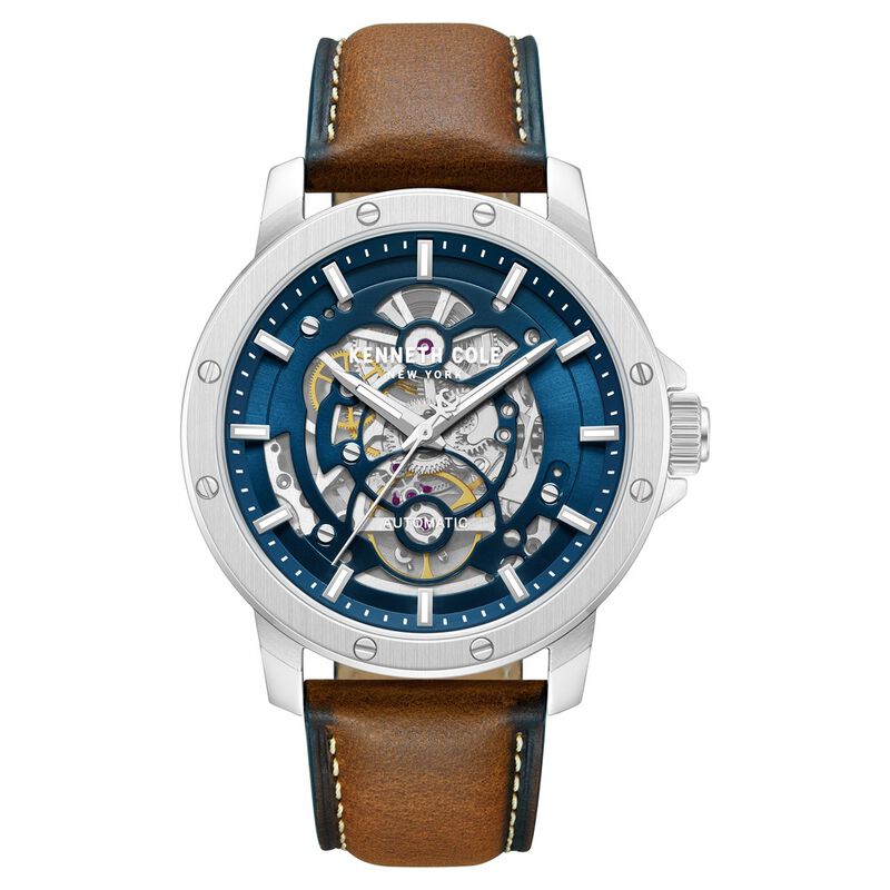 Kenneth Cole Automatic Blue Dial Brown Leather Strap Watch For Men