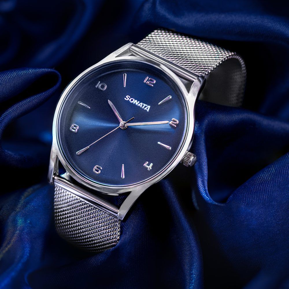 Buy Online Sonata Quartz Analog Blue Dial Silver Stainless Steel Strap Watch For Men 77140sm01 Titan