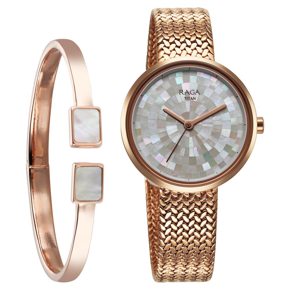 Buy Online Titan Raga Memoirs Quartz Analog Mother Of Pearl Dial With Rose Gold Metal Strap Watch For Women 95253wm02f p Titan