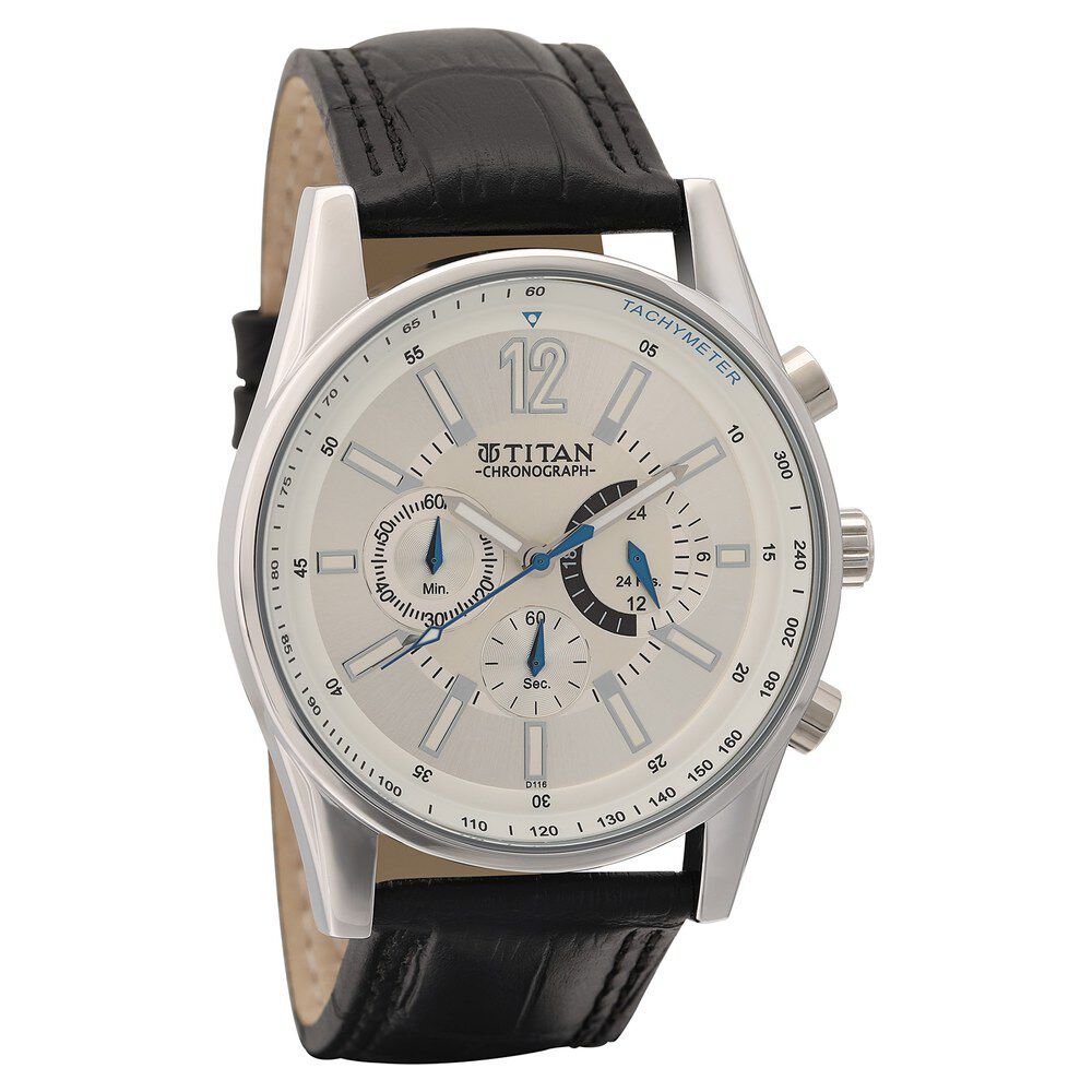 Buy Online Titan Classic Silver Dial Chronograph Leather Strap watch for Men 9322sl02 p Titan
