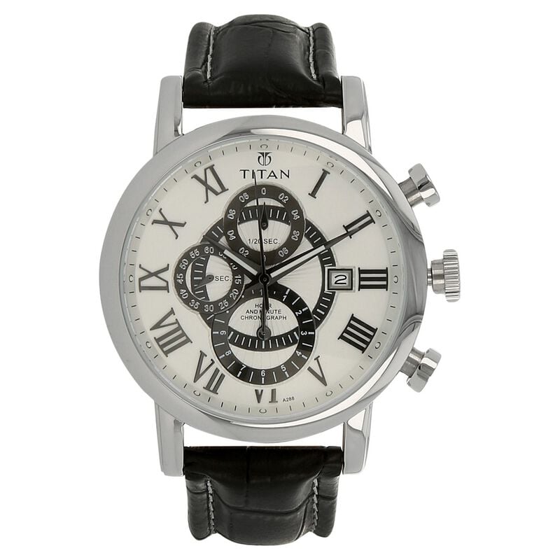 Titan Chronograph White Dial Chrono Quartz Leather Strap watch for Men