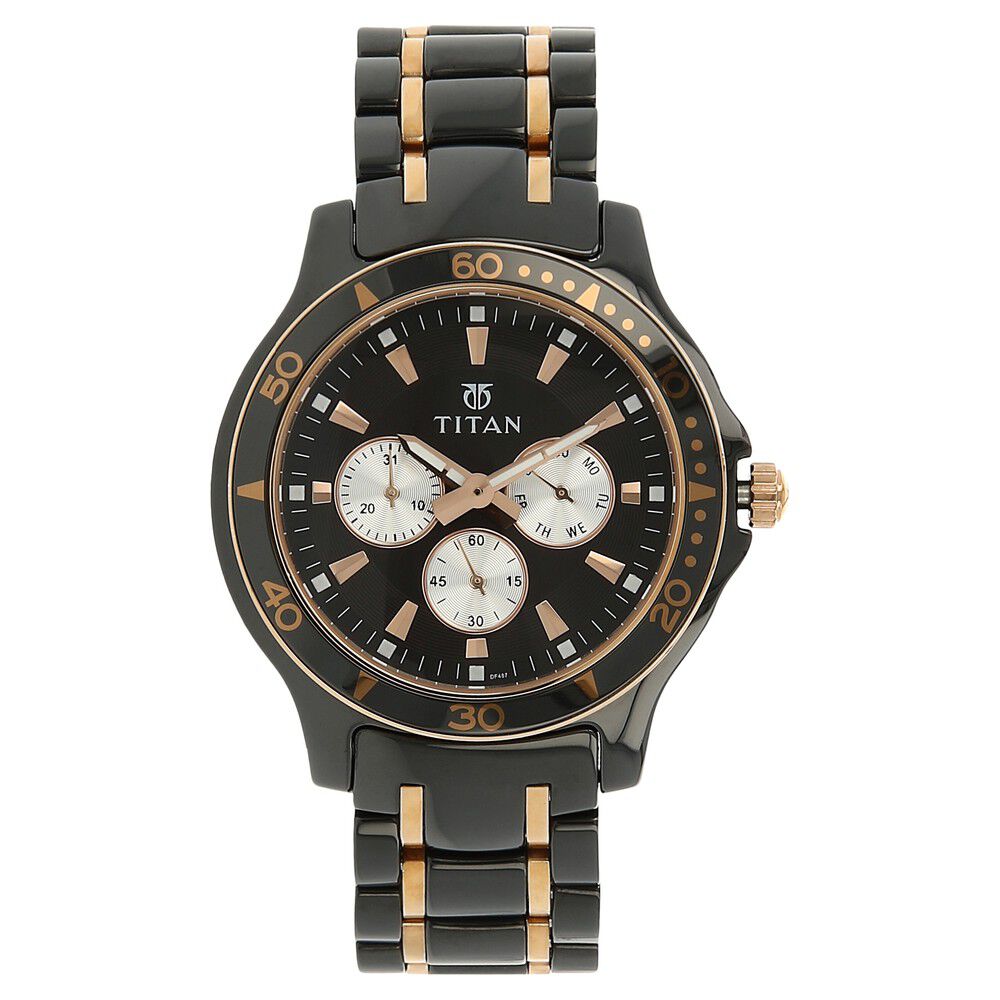 Buy Online Titan Quartz Multifunction Black Dial Stainless Steel Ceramic Strap Watch for Men 90020kd02 Titan
