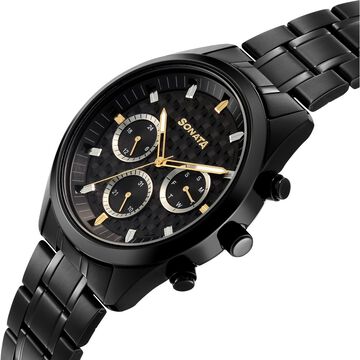 Sonata Multifunction Black Dial Black Metal Strap Watch For Men