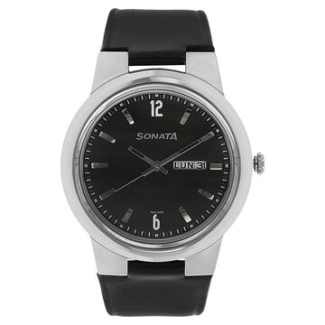 Sonata Quartz Analog Black Dial Leather Strap Watch for Men