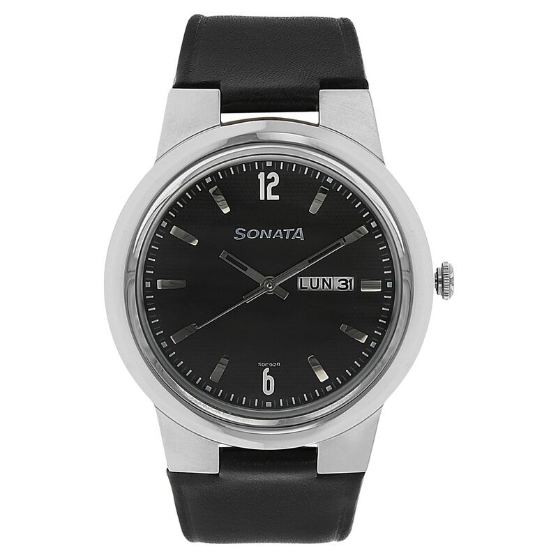Sonata Quartz Analog Black Dial Leather Strap Watch for Men