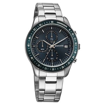 Sonata Chronos Quartz Analog with Date Blue Dial Silver Colour Stainless Steel Strap Watch For Men