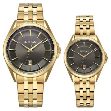 Titan Modern Bandhan Pair Analog with Black Dial Yellow Gold Stainless Steel Strap Watch for Couples