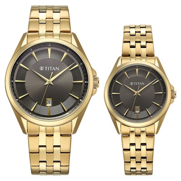 Titan Modern Bandhan Pair Analog with Black Dial Yellow Gold Stainless Steel Strap Watch for Couples - image number 0