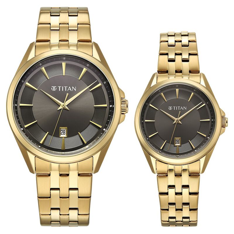 Titan Modern Bandhan Pair Analog with Black Dial Yellow Gold Stainless Steel Strap Watch for Couples