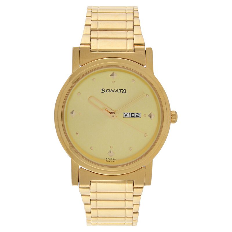 Sonata Quartz Analog Champagne Dial Metal Strap Watch for Men