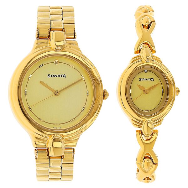 Sonata Quartz Analog Golden Dial Stainless Steel Strap Watch for Couple - image number 0