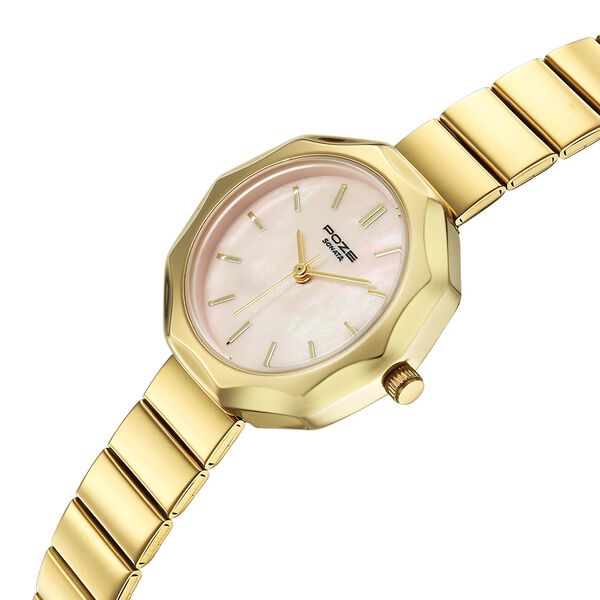 Poze Poze Quartz Analog Pink Dial Golden Stainless Steel Strap Watch For Women - image number 2