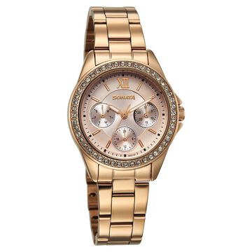 Sonata Festive Quartz Multifunction Pink Dial Metal Strap Watch For Women