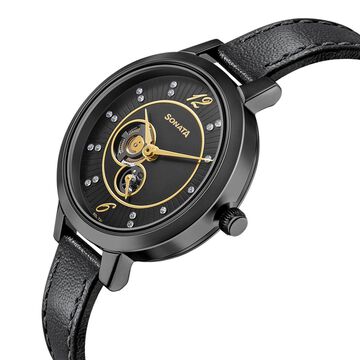 Sonata Unveil Black Dial Women Watch With Leather Strap