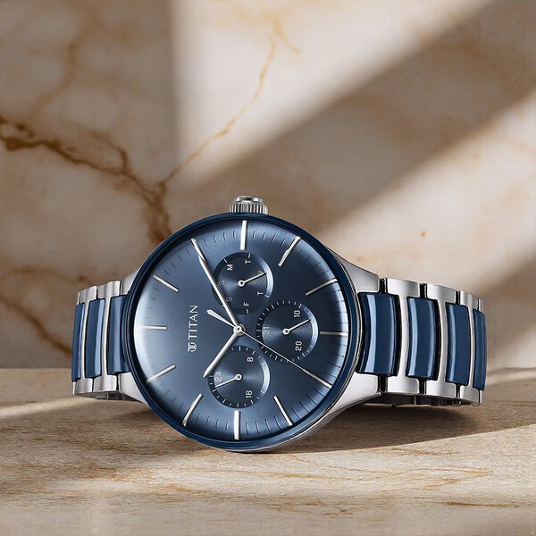 Titan Ceramic Fusion Quartz Multifunction Blue Dial Silver Dual-Toned Stainless Steel Bracelet Watch for Men - image number 0