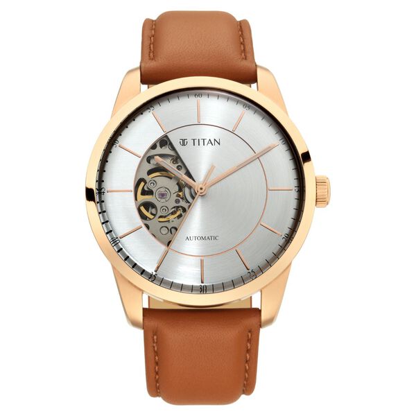 Titan Automatics Silver Round Dial Brown Leather Strap Watch For Men - image number 1